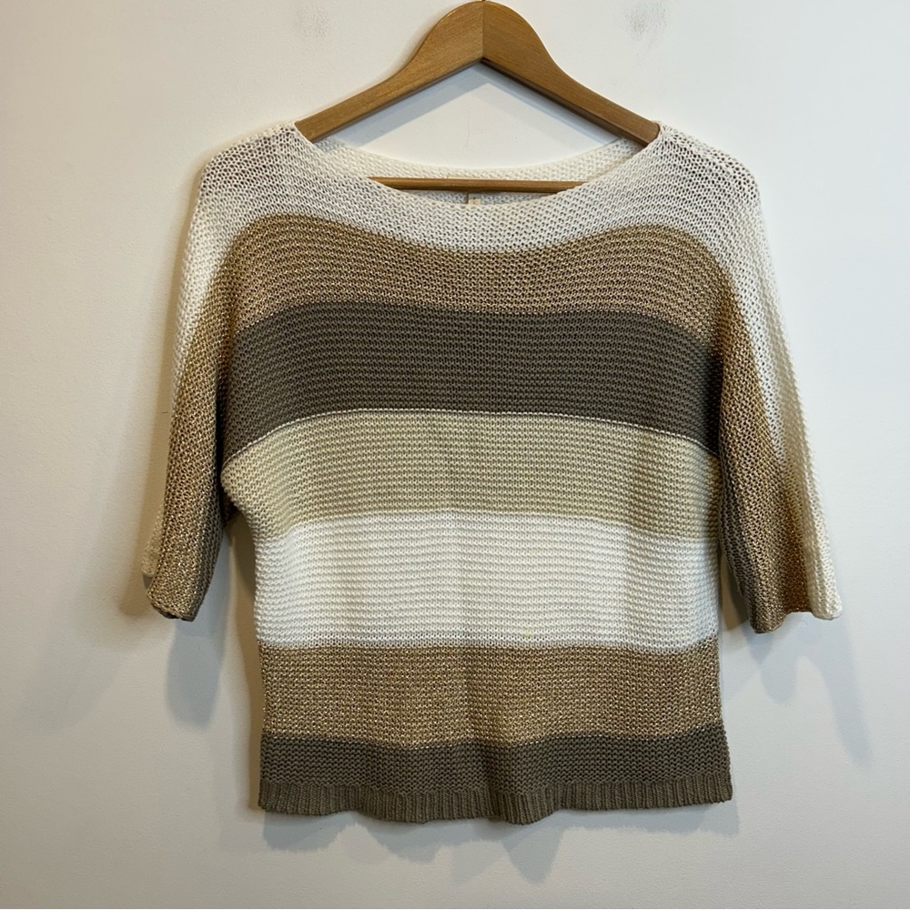 Laura Petites Metallic Knit 3/4 Sleeve Colour Block Stripe Sweater White Tan